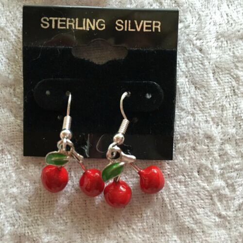 Silvertone Cherries Fruit Charm Dangle Earrings with Sterling Silver Hooks