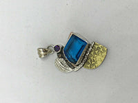 Natural Blue Topaz Rectangle and Amethyst Gemstone Sterling Silver Pendant