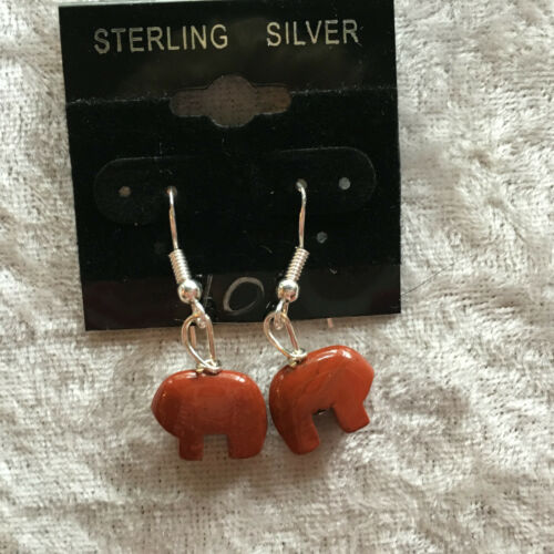 Natural Red Jasper Gemstone Zuni Bear Sterling Silver Dangle Earrings