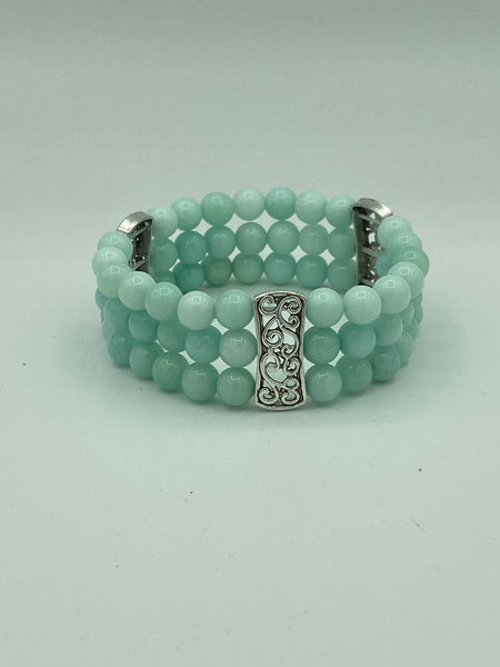 Natural Amazonite Gemstone Round and Silver 3 Strand Beaded Stretch Bracelet