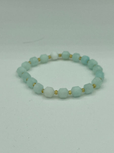 Natural Amazonite Gemstone Faceted Barrel & Gold Accent Beaded Stretch Bracelet