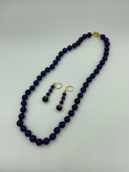 Natural Amethyst Gemstone Round Beaded Necklace and Leverback Dangle Earrings