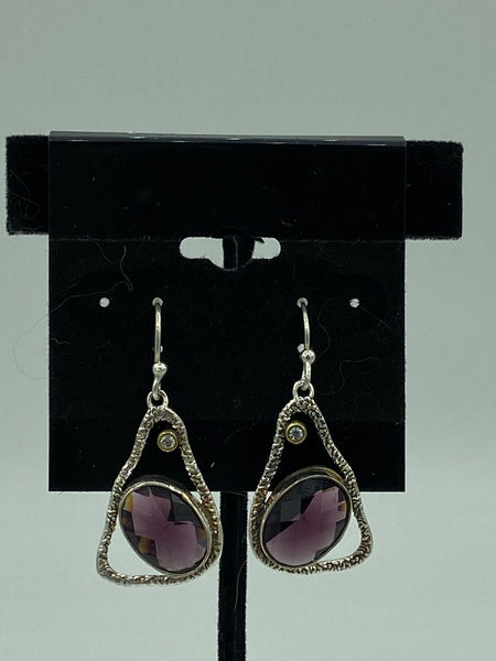 Natural Amethyst Gemstone Faceted Oval Sterling Silver Dangle Earrings