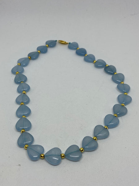 Natural Aquamarine Gemstone Hearts Beaded Necklace
