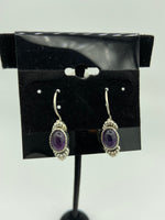 Natural Amethyst Gemstone Oval Cabochon Sterling Silver Dangle Earrings