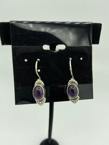 Natural Amethyst Gemstone Oval Cabochon Sterling Silver Dangle Earrings