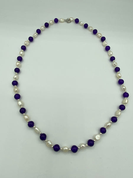 Natural Amethyst Round and Baroque Pearl Gemstone Beaded Necklace