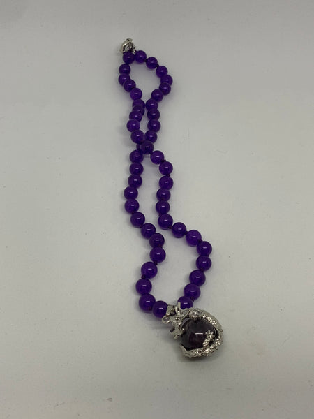 Natural Amethyst Gemstone Round Beaded Necklace with Dragon Pendant