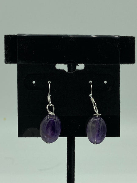 Natural Amethyst Gemstone Small Ovals Beaded Sterling Silver Dangle Earrings