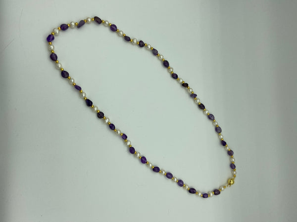 Natural Tumbled Amethyst and Pearl Gemstone Long Beaded Necklace