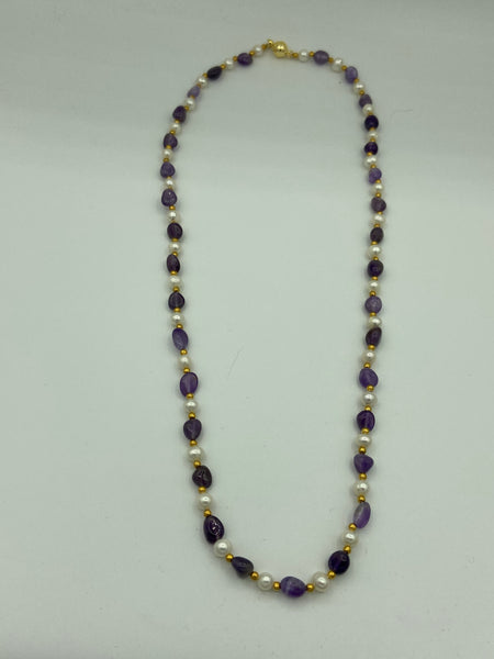 Natural Amethyst Gemstone Tumbled and White Pearl Beaded Necklace