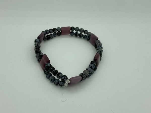 Natural Amethyst and Snowflake Obsidian Square and Round Beaded Stretch Bracelet