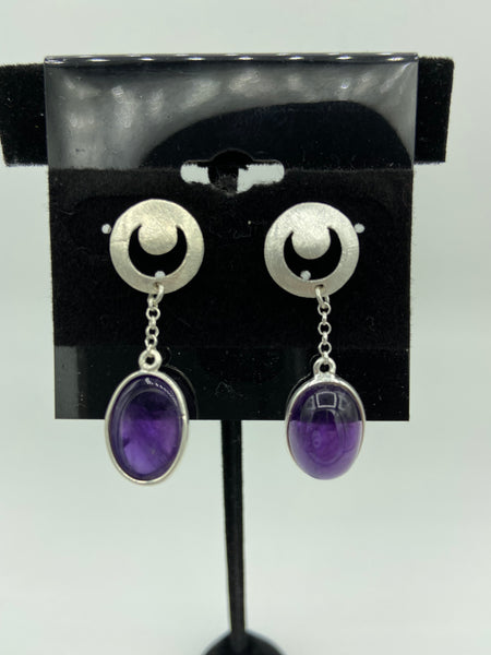Natural Amethyst Gemstone Oval Cabochon Sterling Silver Post Dangle Earrings