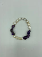 Natural Amethyst Gemstone Tumbled and White Baroque Pearl Beaded Bracelet