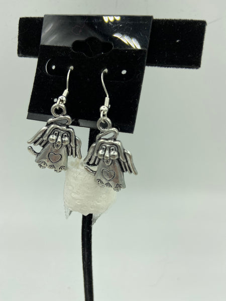Silvertone Angel Dog Charm Dangle Earrings with Sterling Silver Hooks