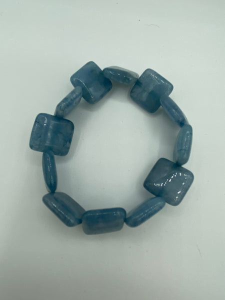 Natural Angelite Gemstone Large Squares Beaded Stretch Bracelet