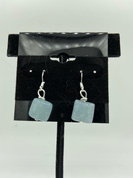 Natural Angelite Gemstone Squares Beaded Sterling Silver Dangle Earrings