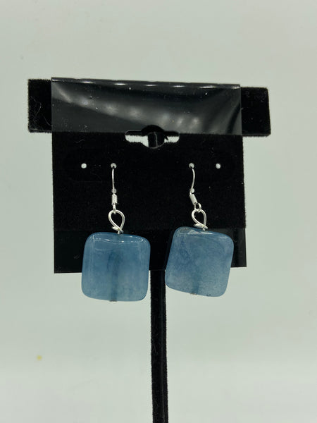 Natural Angelite Gemstone Small Squares Beaded Sterling Silver Dangle Earrings