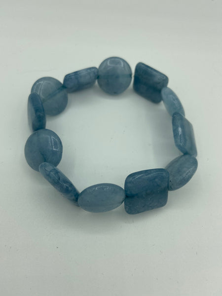 Natural Angelite Gemstone Alternating Disk and Square Beaded Stretch Bracelet
