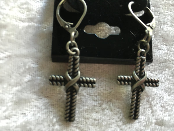Antique Silver Tone Rope Work Style Cross Leverback Dangle Earrings