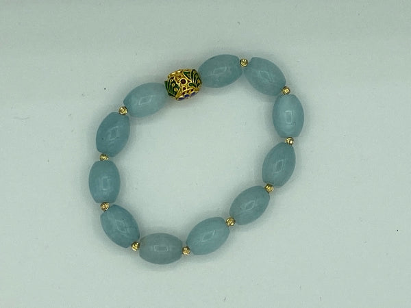 Natural Aquamarine Gemstone Rice and Gold Accent Beaded Stretch Bracelet