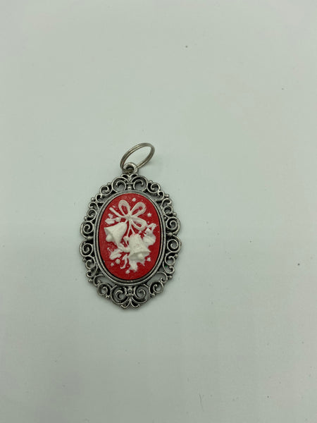 Christmas Red and White Enamel Bells and Holly Oval Cameo Pendant
