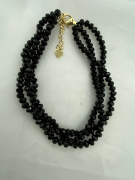Natural Black Agate Gemstone Rondelle 3 Strand Beaded Twisted Bracelet