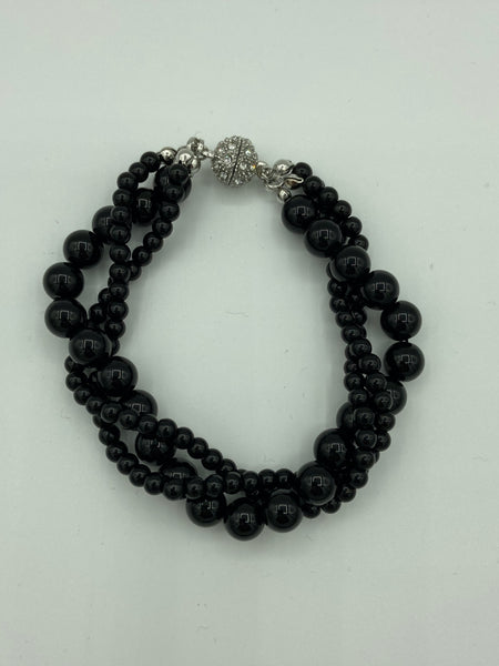 Natural Black Agate Gemstone 3 Strand Twisted Beaded Bracelet