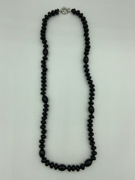 Natural Black Agate Gemstone Rondelle and Barrel Beaded Necklace