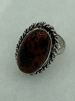 Natural Black Agate Gemstone Oval Cabochon Sterling Silver Adjustable Ring