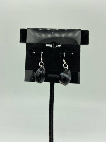 Natural Black Agate Gemstone Chunky Ovals Beaded Sterling Silver Dangle Earrings