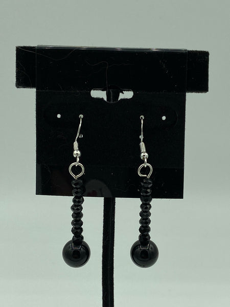 Natural Black Agate Gemstone Round and Rondelle Sterling Silver Dangle Earrings