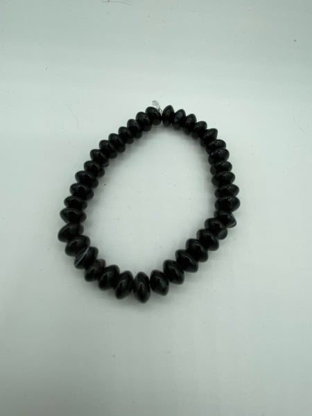 Natural Black Agate Gemstone Rondelles Beaded Stretch Bracelet