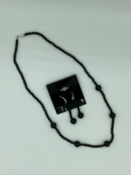 Natural Black Agate Gemstone Rondelle & Round Beaded Necklace & Dangle Earrings