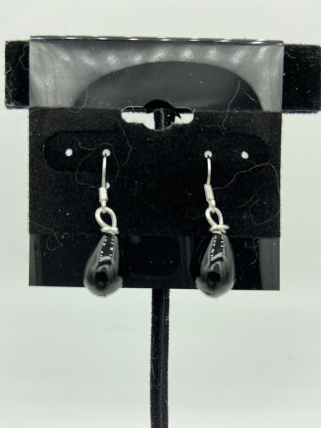 Natural Black Agate Gemstone Teardrops Beaded Sterling Silver Dangle Earrings