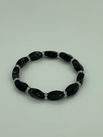 Natural Black Agate Gemstone Twist and Silvertone Beaded Stretch Bracelet