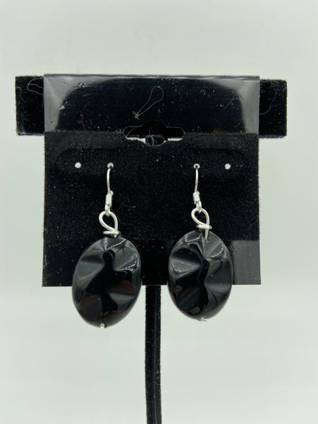 Natural Black Agate Gemstone Wavy Oval Sterling Silver Dangle Earrings