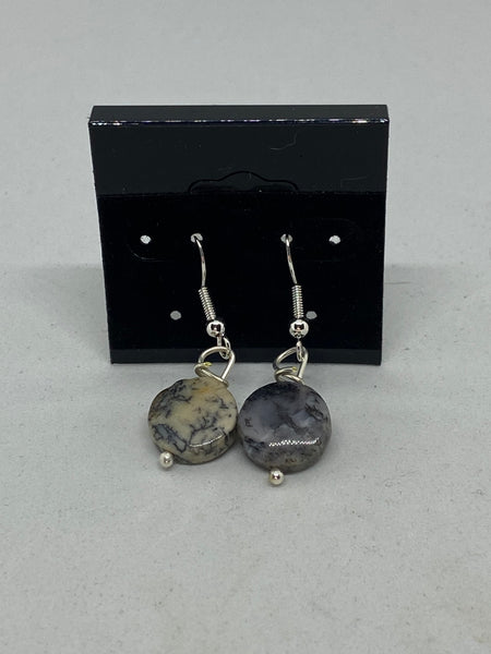 Natural Black Moss Opal Gemstone Disk Beaded Sterling Silver Dangle Earrings