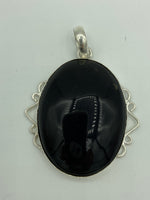 Natural Black Obsidian Gemstone Large Oval Cabochon Sterling Silver Pendant