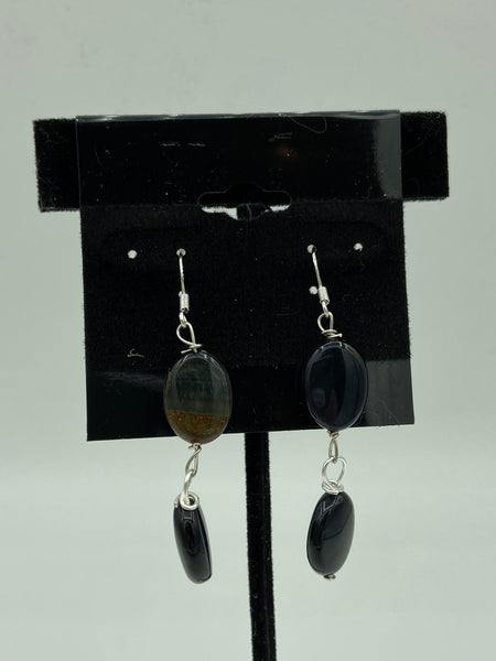 Natural Black Onyx Gemstone Ovals Sterling Silver Dangle Earrings