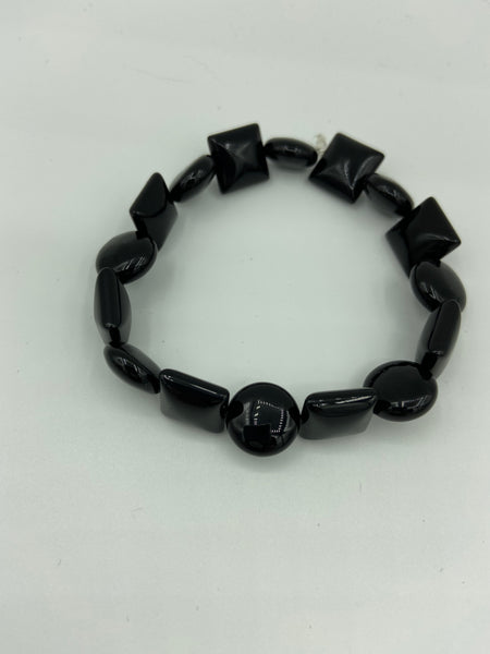 Natural Black Onyx Gemstone Alternating Round and Square Beaded Stretch Bracelet