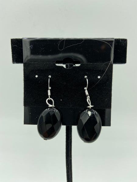 Natural Black Onyx Gemstone Faceted Oval Sterling Silver Dangle Earrings