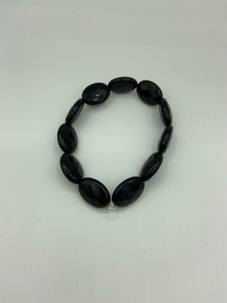 Natural Black Onyx Gemstone Faceted Ovals Beaded Stretch Bracelet