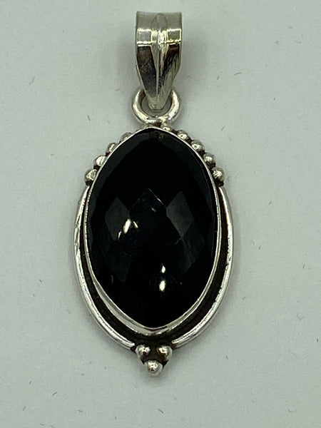 Natural Black Onyx Gemstone Faceted Pointed Oval Sterling Silver Pendant