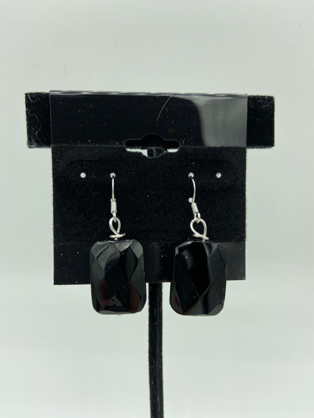 Natural Black Onyx Gemstone Faceted Rectangle Sterling Silver Dangle Earrings