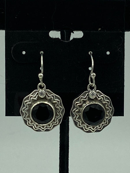 Natural Black Onyx Gemstone Faceted Round Sterling Silver Dangle Earrings