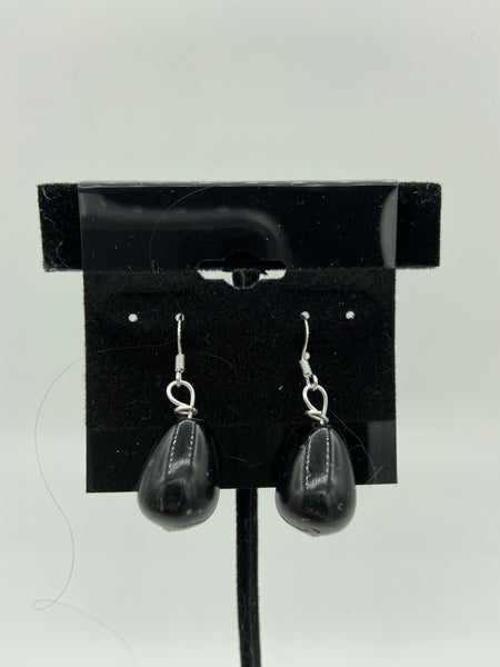 Natural Black Onyx Gemstone Fat Teardrop Sterling Silver Dangle Earrings