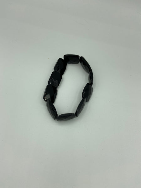 Natural Black Onyx Gemstone Flat Faceted Rectangles Beaded Stretch Bracelet