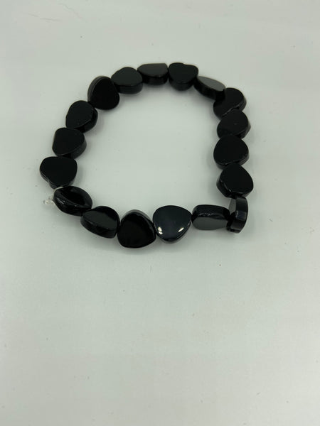 Natural Black Onyx Gemstone Flat Hearts Beaded Stretch Bracelet