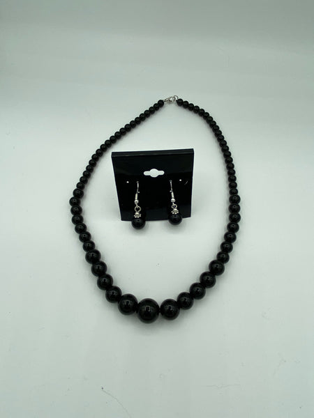 Natural Black Onyx Gemstone Graduated Round Necklace and Dangle Earrings Set